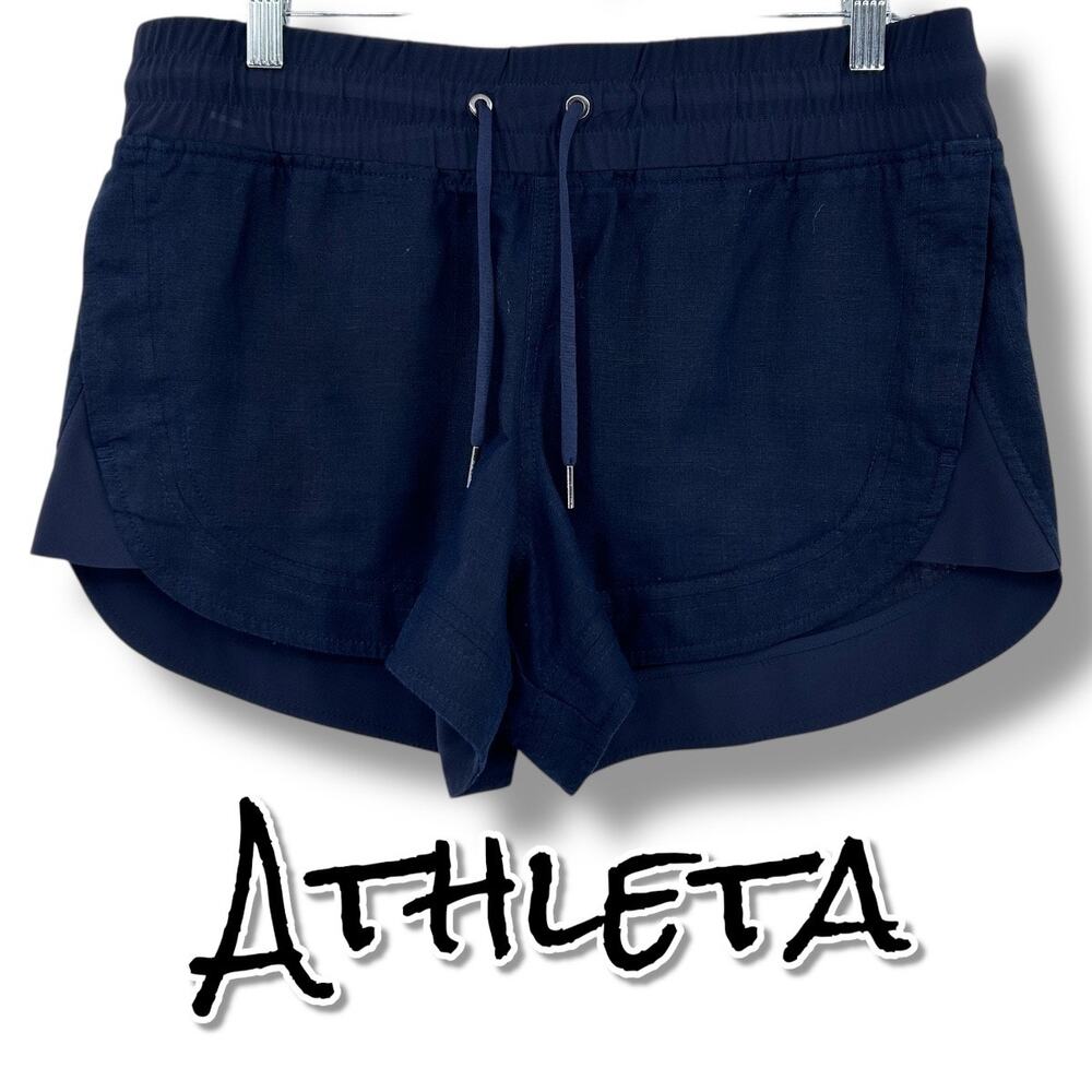 Athleta Cabo Linen Pull‑On 4″ Short Navy Blue Linen Elastic Women’s Size 6